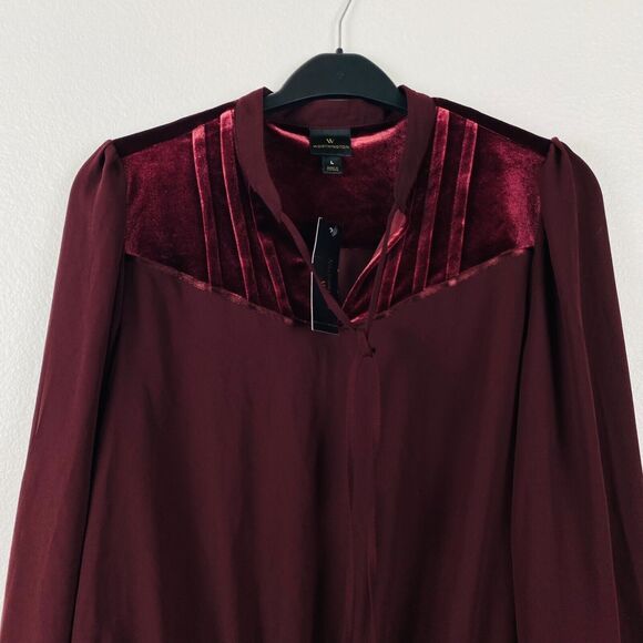 Worthington Blouse Tie Neck L Burgundy Velvet‎ Upper Bell Sleeves NWT - Picture 5 of 11